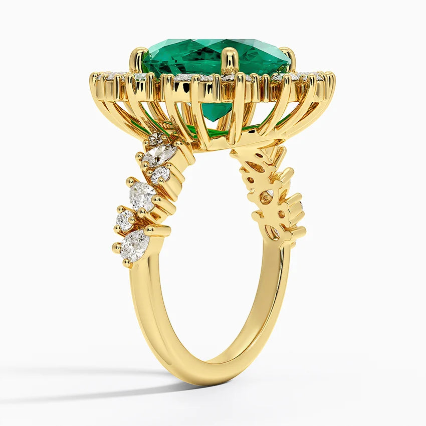 Olivetta Lab Emerald and Diamond Cocktail Ring 18K Yellow Gold