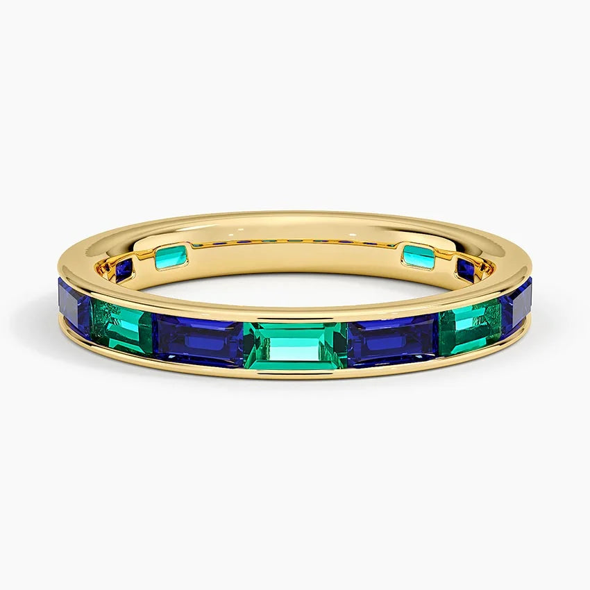 Channel Set Baguette Lab Sapphire and Lab Emerald Ring 14K Yellow Gold